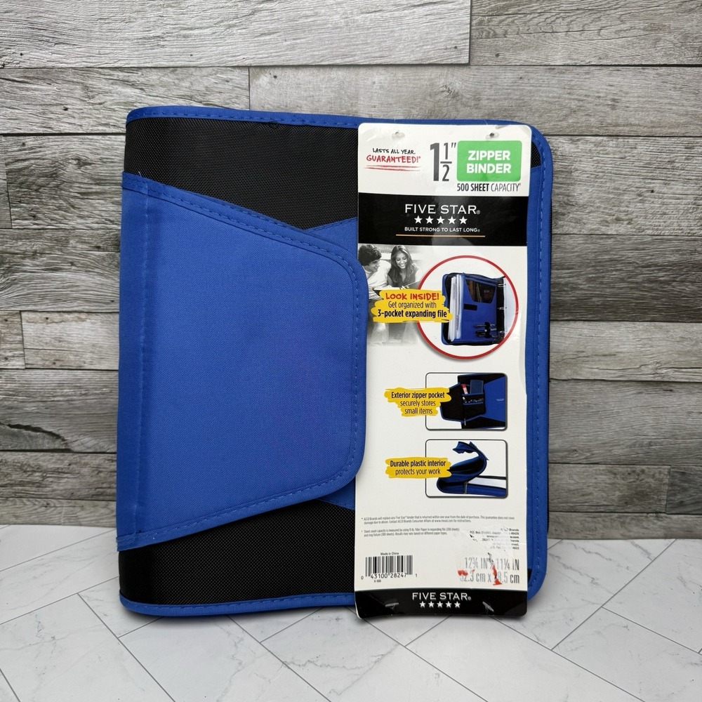Five Star 1 1/2" Zipper Binder Red 500 Sheet Capacity 3-Pocket Expanding File